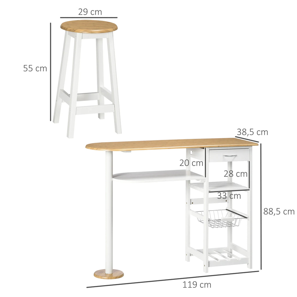 Homcom Bar Table Set with 1 Drawer 2 Shelves Removable Basket and Bottle Rack Furniture Set with 119X38.5X88.5 cm High Table and 2 Stools 29X29X55 cm for Dining Room Kitchen White