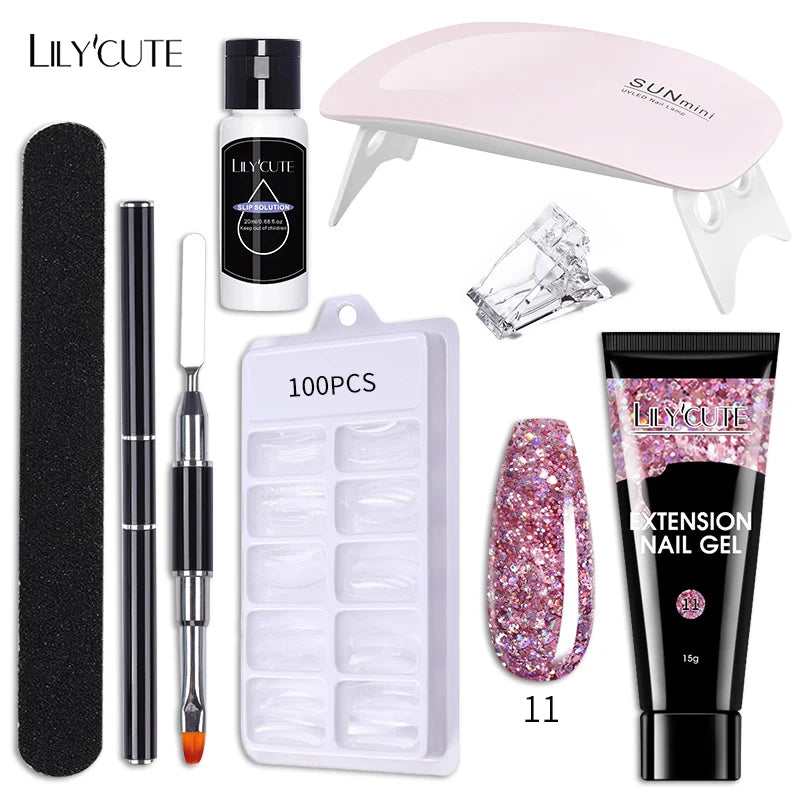 Kit de gel para extensión de uñas LILYCUTE de 15 ml, gel UV, acrílico, blanco, transparente, rosa, esmalte de uñas, lámpara LED, set de manicura para decoración de uñas.