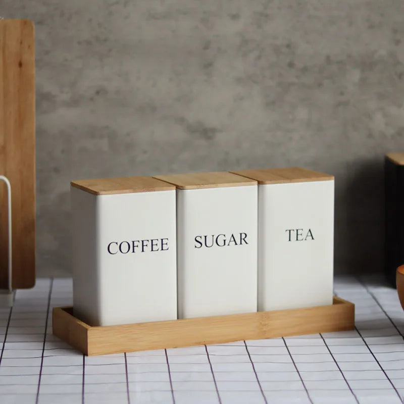 Recipiente para granos de café con tapa de bambú, estilo sencillo, tarros de metal para té, café y azúcar, lata de té, utensilios de cocina.