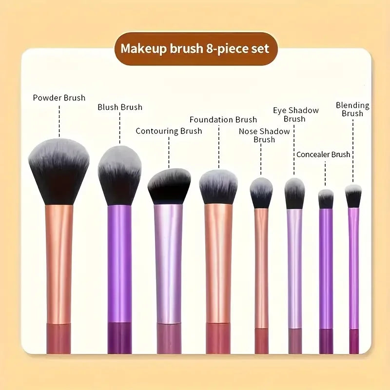 Kit de 8 brochas de maquillaje de pelo sintético suave para base, colorete y sombra de ojos. Herramientas de maquillaje cosmético.