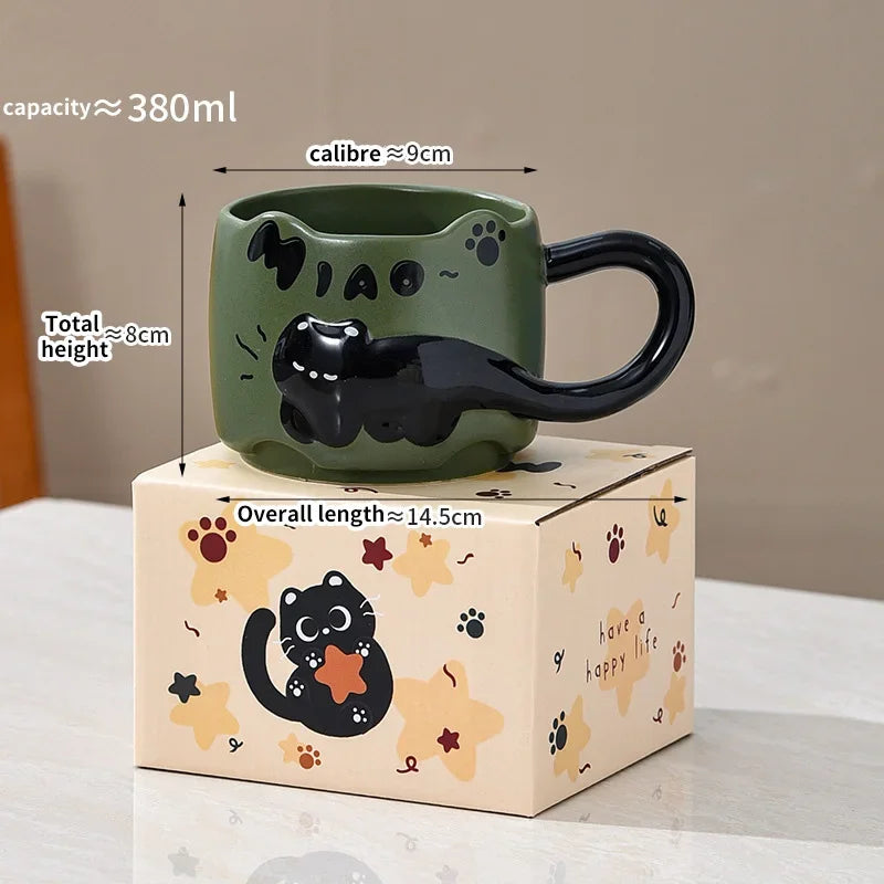 Taza apilable con diseño de gato, taza de café o té con un lindo diseño de dibujos animados, apilable, creativa, adorable, de cerámica, regalo divertido para uso doméstico diario.