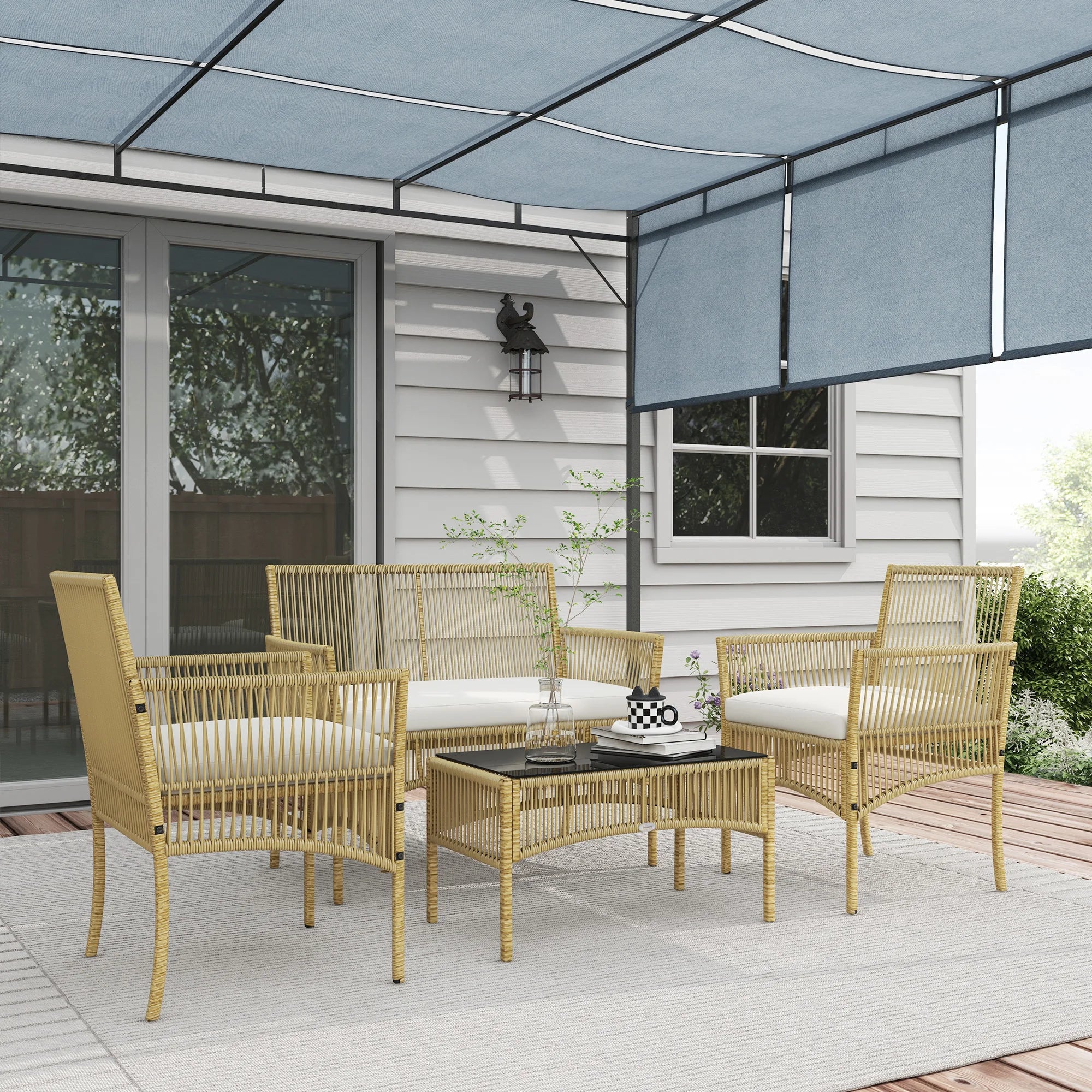 Conjunto de muebles de jardín de ratán Outsunny de 4 piezas con sofá, sillones y mesa.