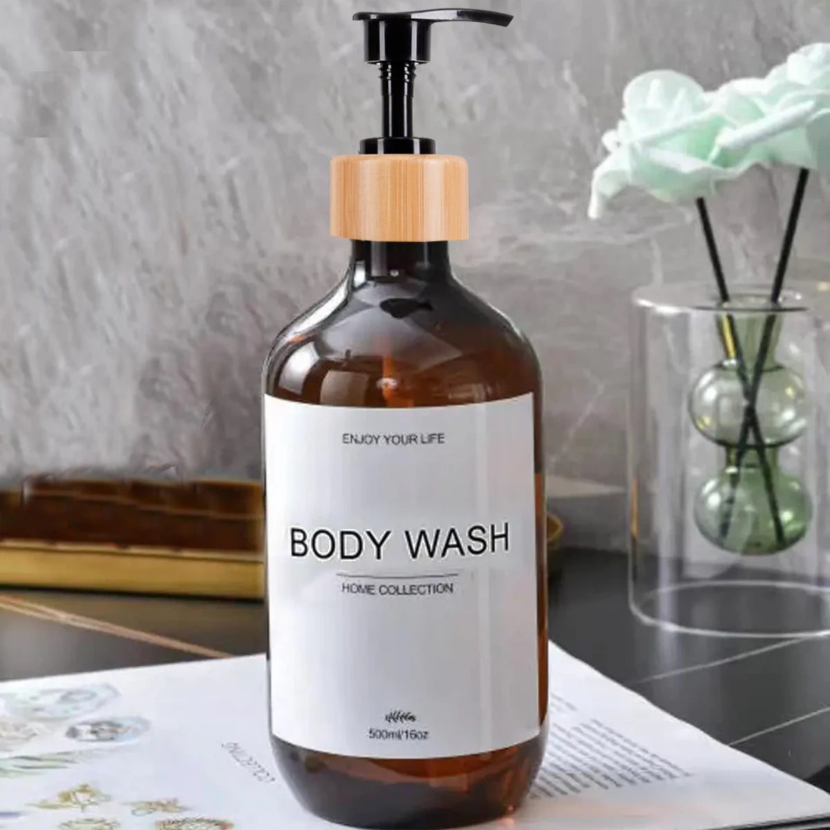 Juego de dispensadores de champú para baño de 500 ml, botellas de acondicionador y gel de ducha recargables, dispensador con decoración rústica, botellas de almacenamiento.