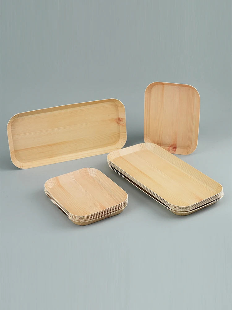 10/20 unidades de platos rectangulares desechables de madera, bandeja de papel, vajilla para postres, pan y ensaladas, accesorios de mesa para cenas y fiestas.