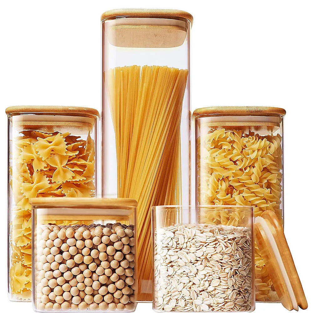 Tarros de vidrio cuadrados con tapa de bambú para almacenar granos de café, cereales, fideos y otros alimentos. Organizadores de cocina.