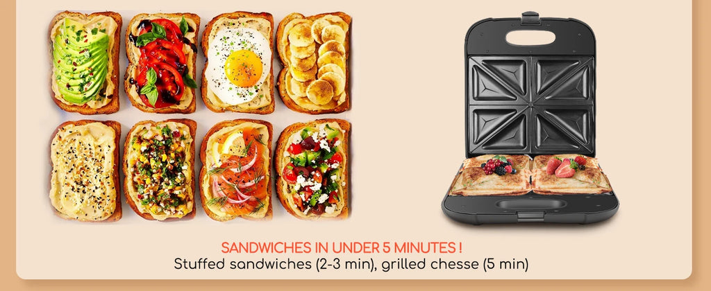 Sandwichera XXL para 4 sándwiches, revestimiento antiadherente, calentamiento rápido, indicador LED, libre de BPA, 1400 W