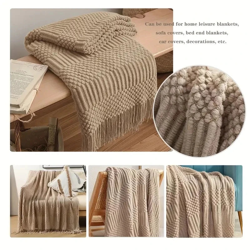 Manta tejida color caqui con borlas, gruesa, de estilo vintage, lujosa, estilo granja, cubrecama extragrande, manta para sofá