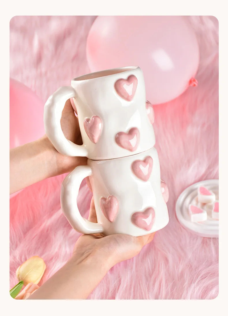 Taza de cerámica rosa con forma de corazón de AhunderJiaz, juego de tazas de café para el hogar, juego de utensilios de cocina, regalo de cumpleaños, decoración del hogar.