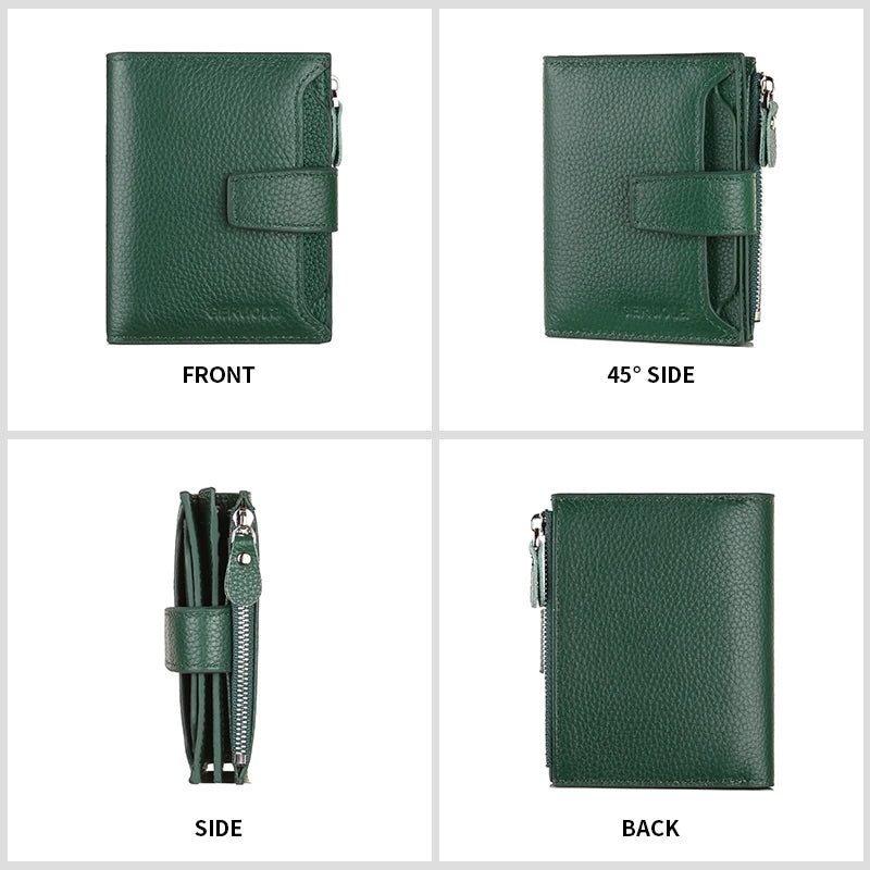 Cartera multifuncional antirrobo RFID de tres pliegues y múltiples pliegues de cuero genuino de vaca con cierre magnético y cierre antimanipulación.