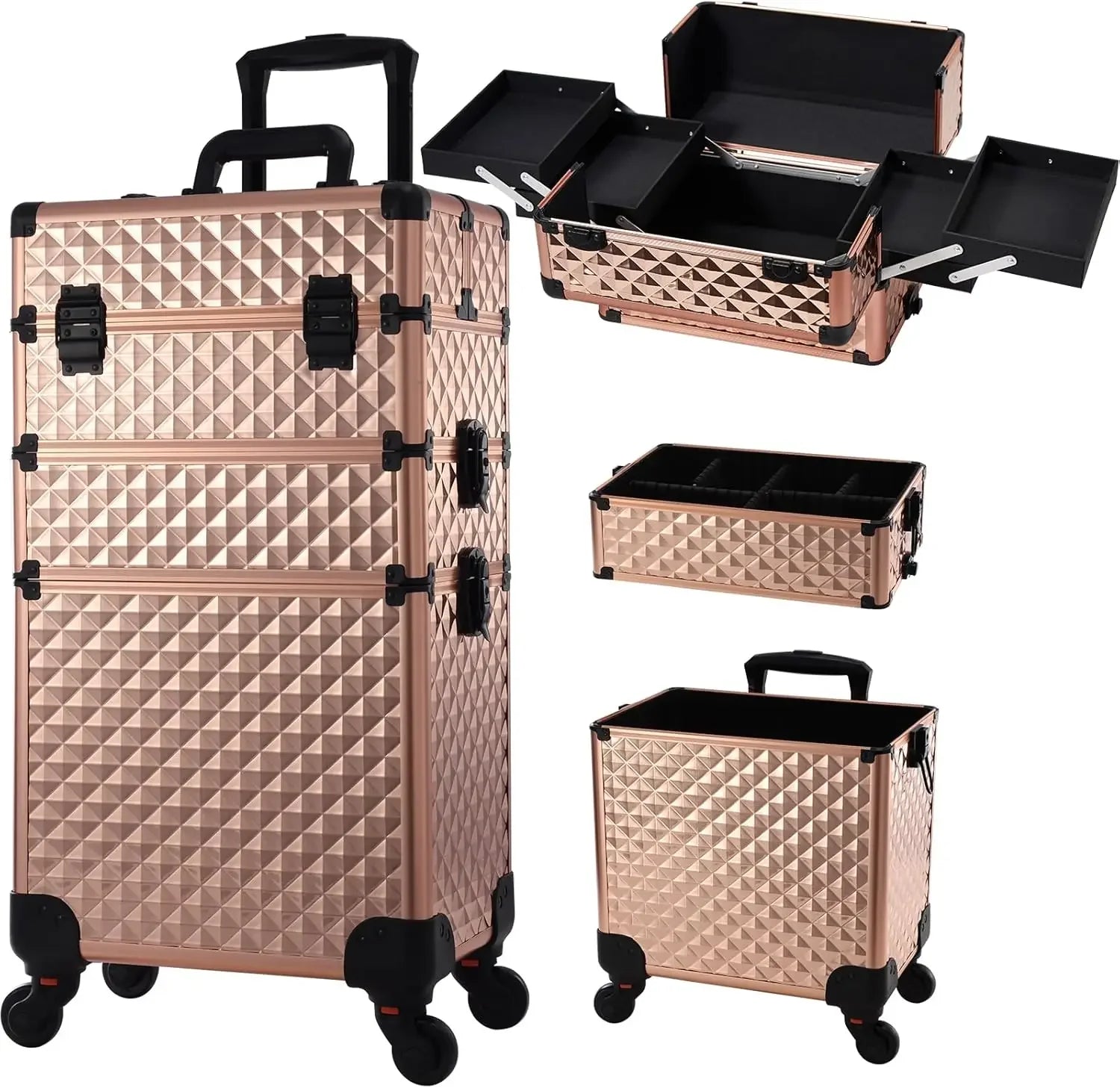 Maletín de maquillaje rodante 3 en 1, maletín de maquillaje desmontable, maletín de cosmetología con ruedas, carrito de maquillaje con cerradura de gran capacidad para salón de belleza.