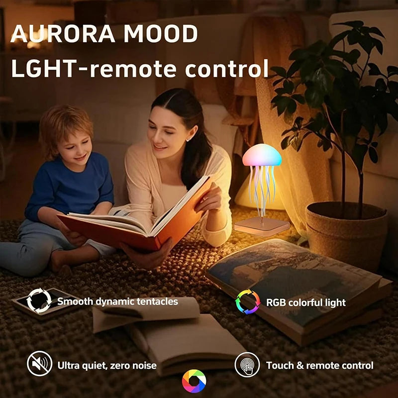 Lámpara LED con forma de medusa, 9 tentáculos, 2 modos de funcionamiento, batería de larga duración, efectos de luz con degradado de color y mando a distancia.