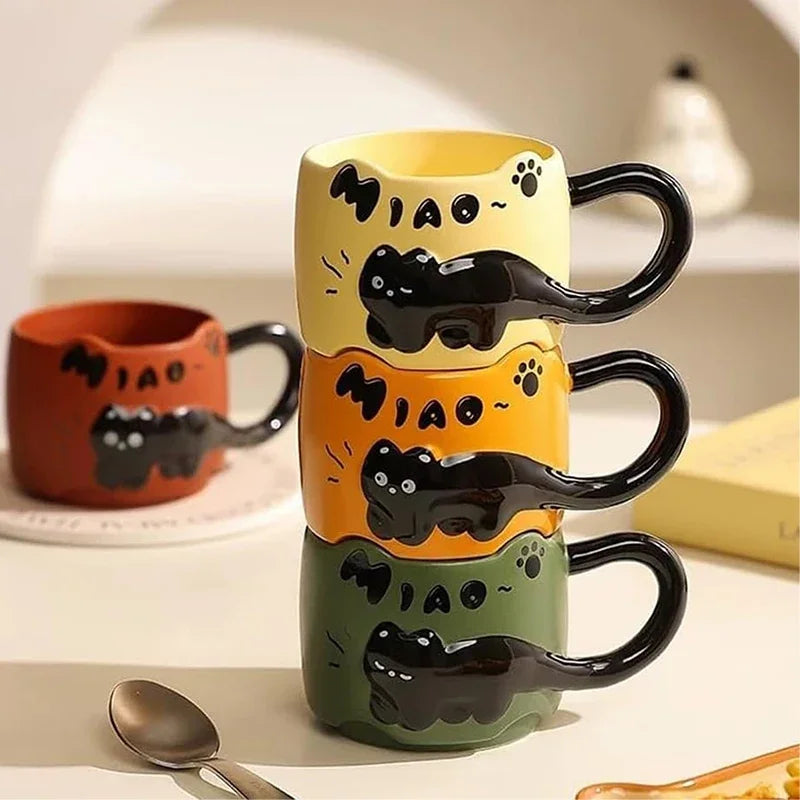 Taza apilable con diseño de gato, taza de café o té con un lindo diseño de dibujos animados, apilable, creativa, adorable, de cerámica, regalo divertido para uso doméstico diario.