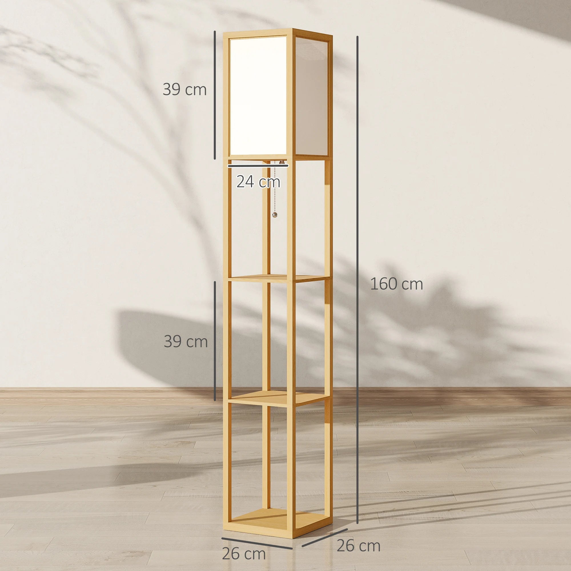 Lámpara de pie Homcom con estantes de almacenamiento, lámpara moderna de madera, bombilla E27, para sala de estar, dormitorio u oficina.