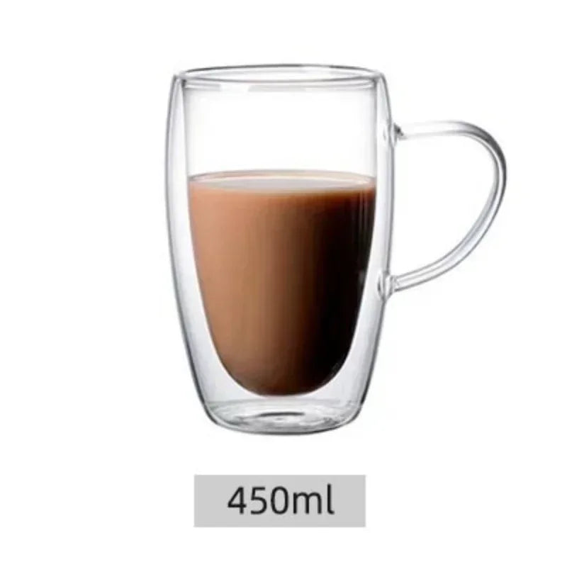 Taza de vidrio de borosilicato de doble pared transparente resistente al calor con asa, ideal para café, leche, zumo o agua. Regalo perfecto para amantes del café.