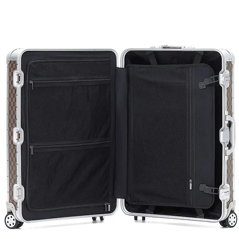 Maleta de negocios de aleación de aluminio y magnesio de 20 pulgadas, apta para viajes y con ruedas universales.