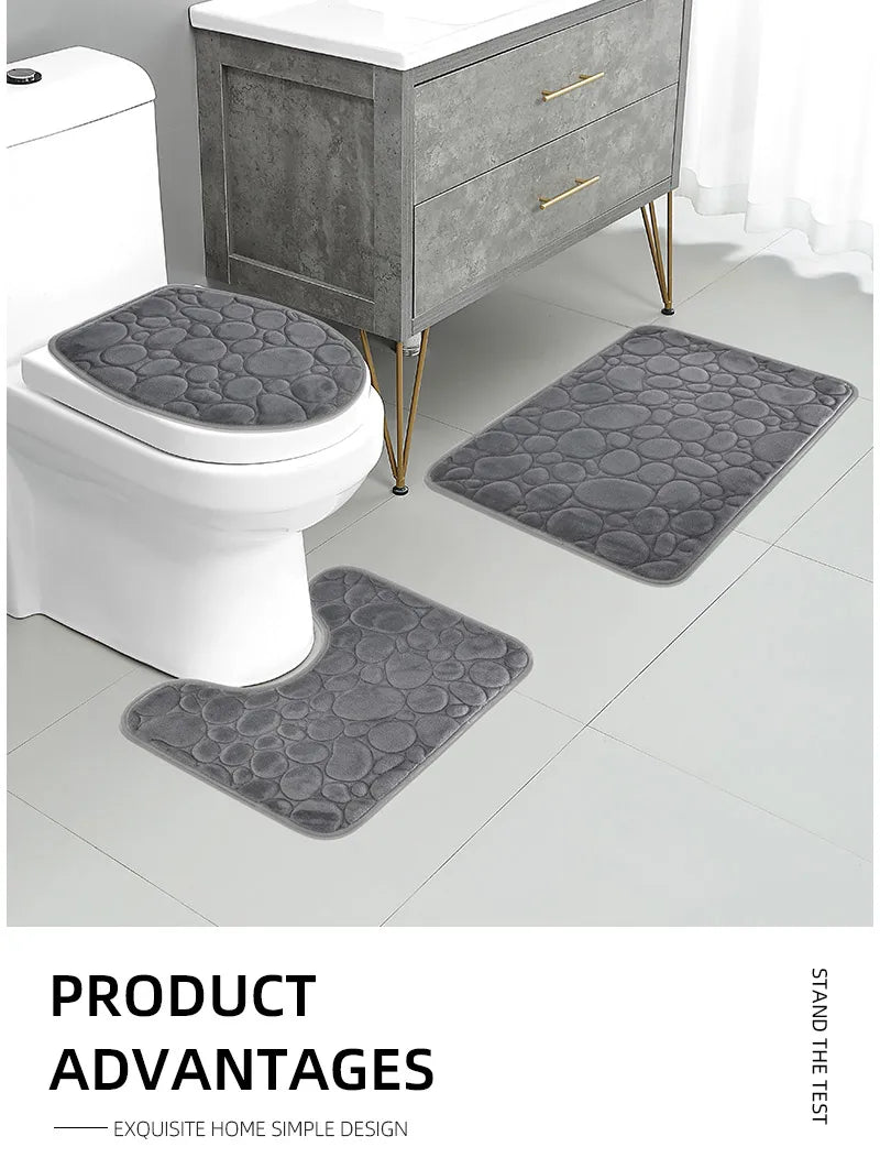 Juego de tres piezas: 1 juego de alfombras de baño sencillas, absorbentes de agua y antideslizantes con estampado de piedra, de color liso, cómodas y suaves.