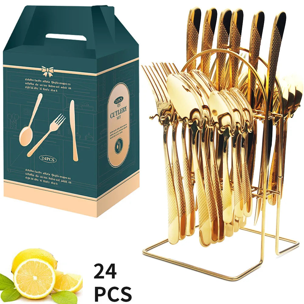 Juego de cubiertos de acero inoxidable de 24 piezas con mango de cerámica y diseño de martillo (cuchillo, tenedor y cuchara). Juego de cubiertos de viaje.