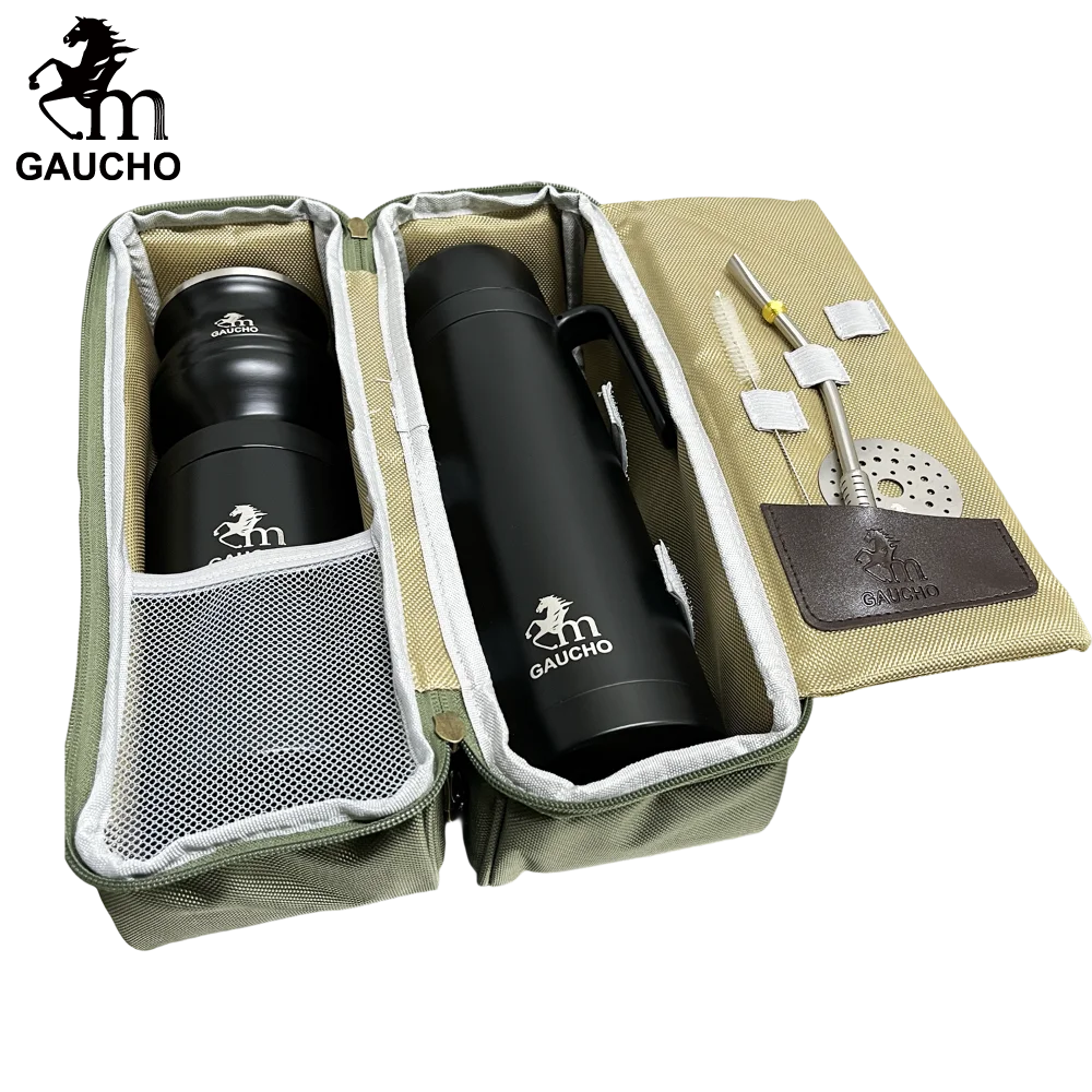 1 juego/lote de kits de viaje Gaucho Yerba Mate. Incluye termo de acero inoxidable, calabazas, bombilla, pajita y lata de té.
