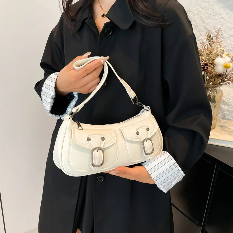 Bolso baguette de piel sintética: bolso de mano con dos bolsillos y bandolera para mujer | Colección otoño/invierno 2025, color liso, estilo vintage Y2K