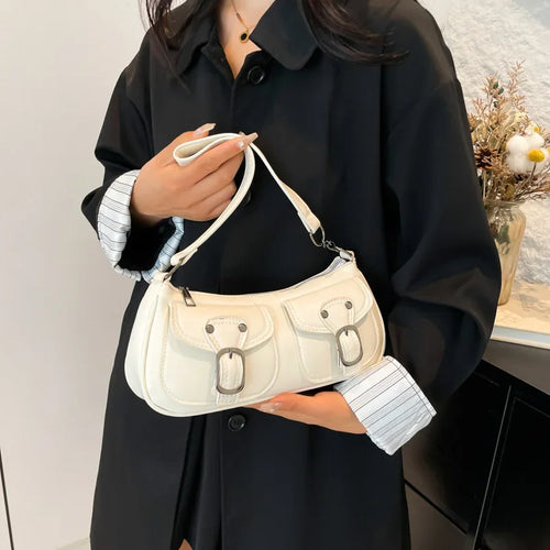 Bolso baguette de piel sintética: bolso de mano con dos bolsillos y bandolera para mujer | Colección otoño/invierno 2025, color liso, estilo vintage Y2K