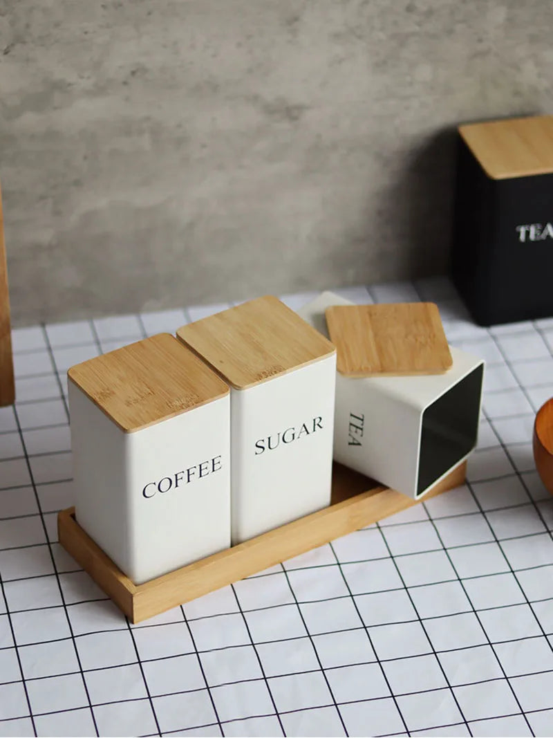 Recipiente para granos de café con tapa de bambú, estilo sencillo, tarros de metal para té, café y azúcar, lata de té, utensilios de cocina.