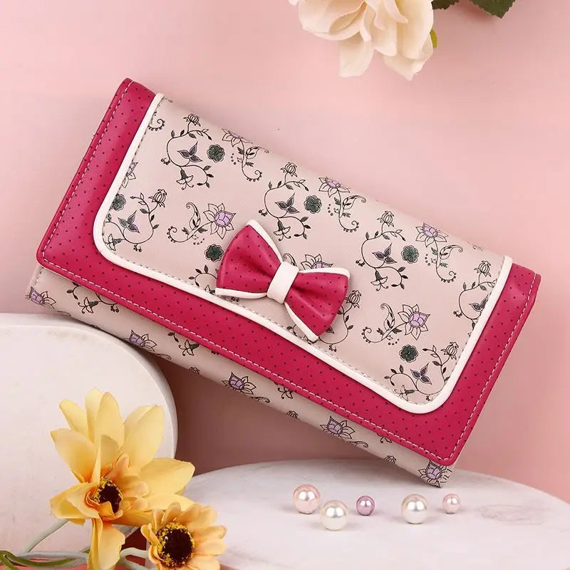 Cartera japonesa lolita para mujer, estilo casual, larga, de gran capacidad, con lazo, plegable, con tres compartimentos, linda y dulce, para tarjetas.
