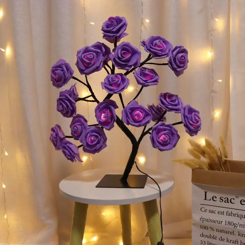 Lámpara de mesa con 24 luces LED de rosas rojas en forma de árbol, luz nocturna de hadas con forma de flor para decoración del hogar, fiestas, Navidad, bodas y dormitorios. Regalo ideal.