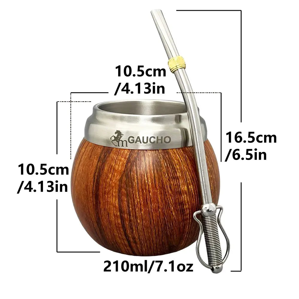 Juego de mate Gaucho Yerba Mate de acero inoxidable con forma de calabaza, 210 ml, aislamiento térmico, filtro extraíble, pajita, bombilla y cepillo de limpieza.