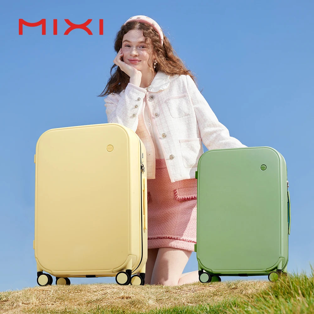 Maleta de viaje Mixi con diseño patentado para hombre y mujer, con ruedas giratorias, tamaño de cabina (18", 20" y 24", para facturar), 100% policarbonato.