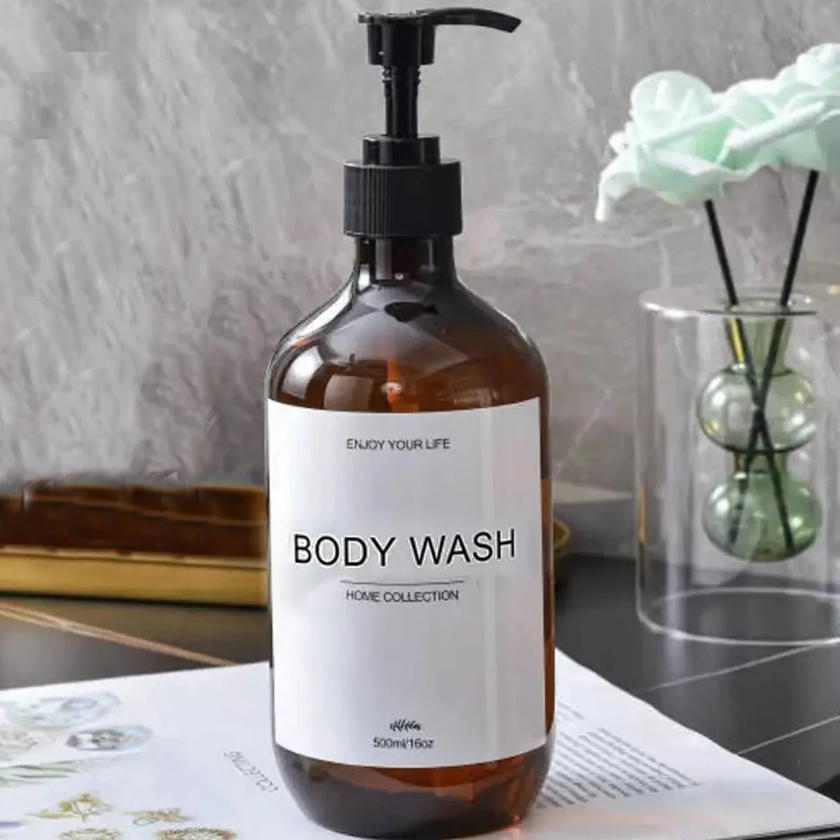 Juego de dispensadores de champú para baño de 500 ml, botellas de acondicionador y gel de ducha recargables, dispensador con decoración rústica, botellas de almacenamiento.