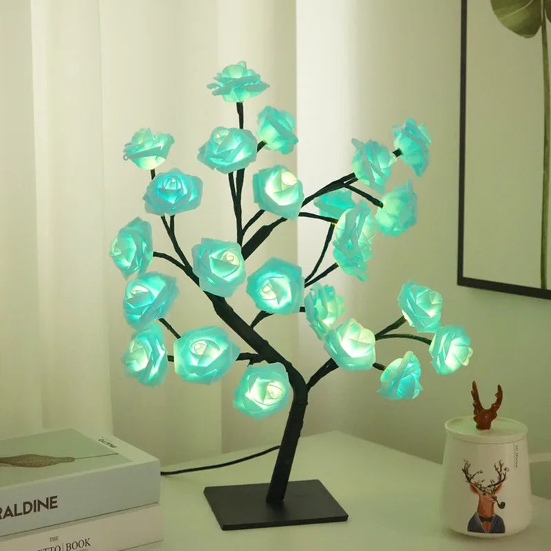 Lámpara de mesa con 24 luces LED de rosas rojas en forma de árbol, luz nocturna de hadas con forma de flor para decoración del hogar, fiestas, Navidad, bodas y dormitorios. Regalo ideal.