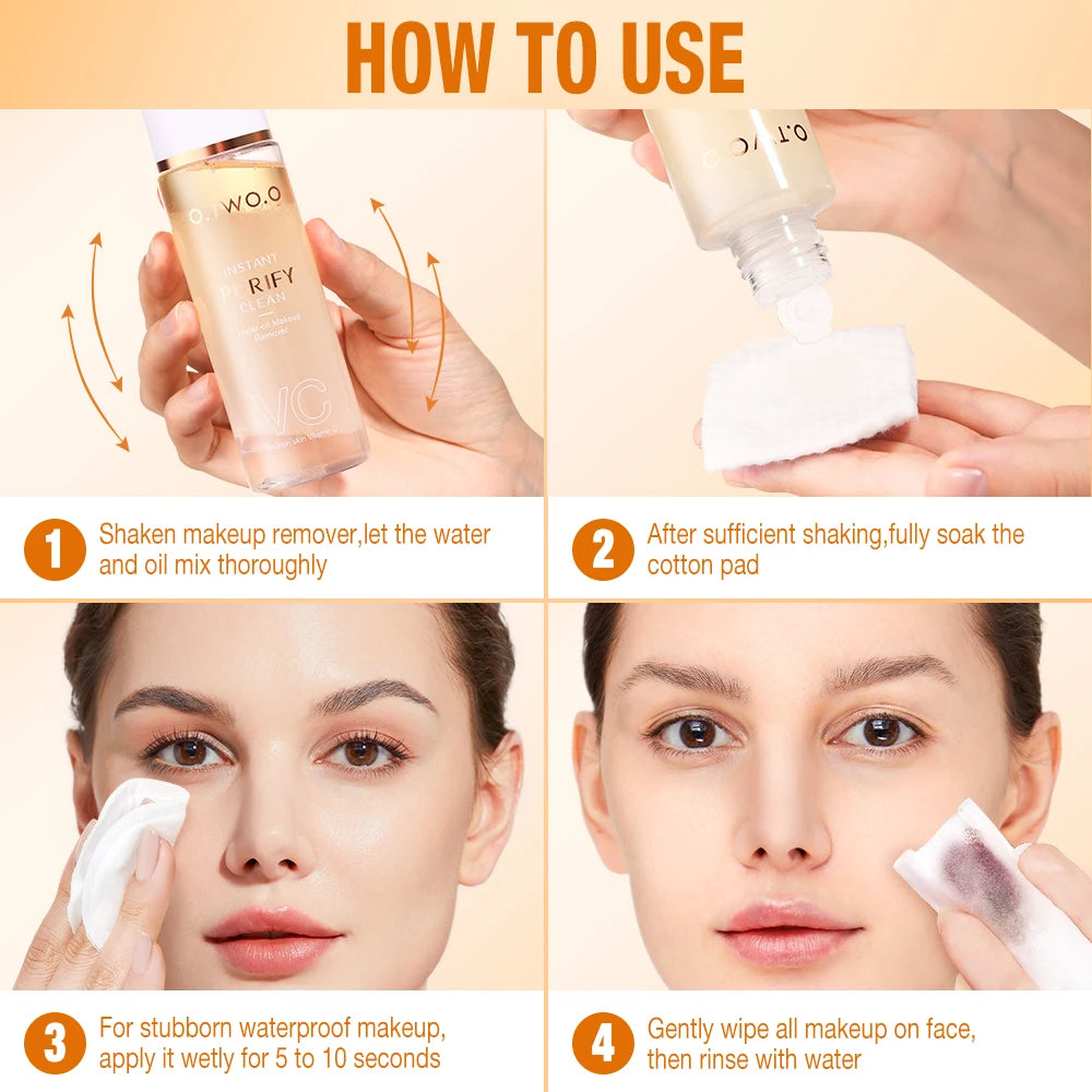 Desmaquillante bifásico con esencia de vitamina C para pieles sensibles. Disuelve instantáneamente el maquillaje más resistente sin irritar.