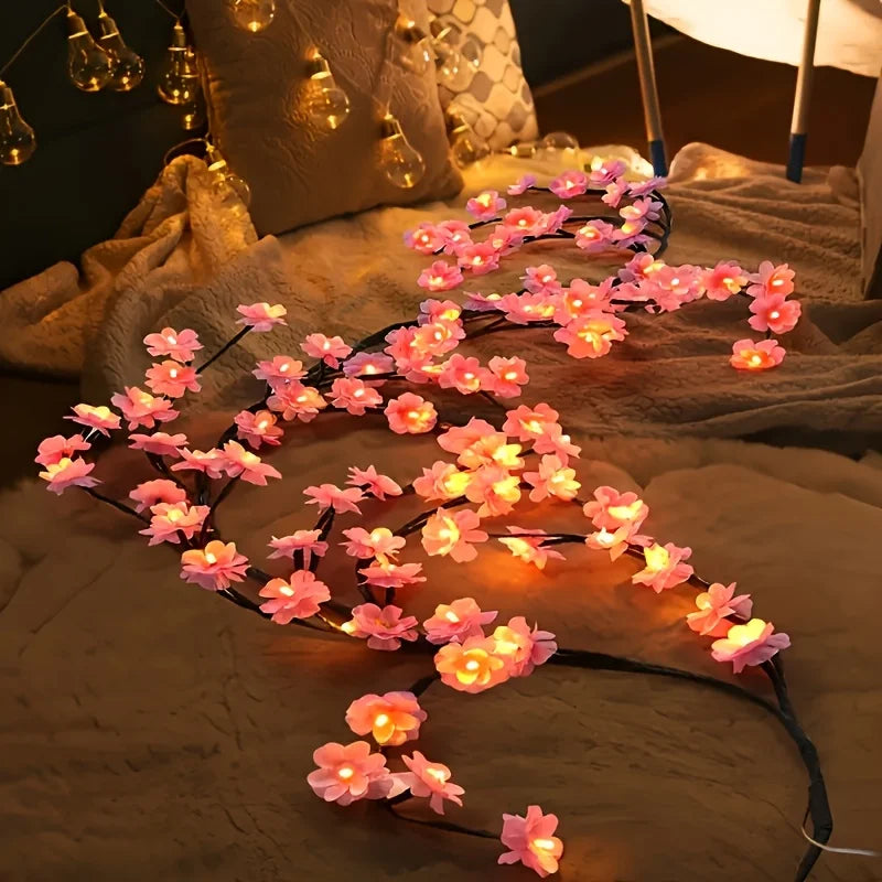 Guirnalda de ramas de cerezo con luces LED, 72/96 luces LED, ramitas de sauce y flores de durazno, ideal para fiestas en interiores, paredes, puertas y ventanas.