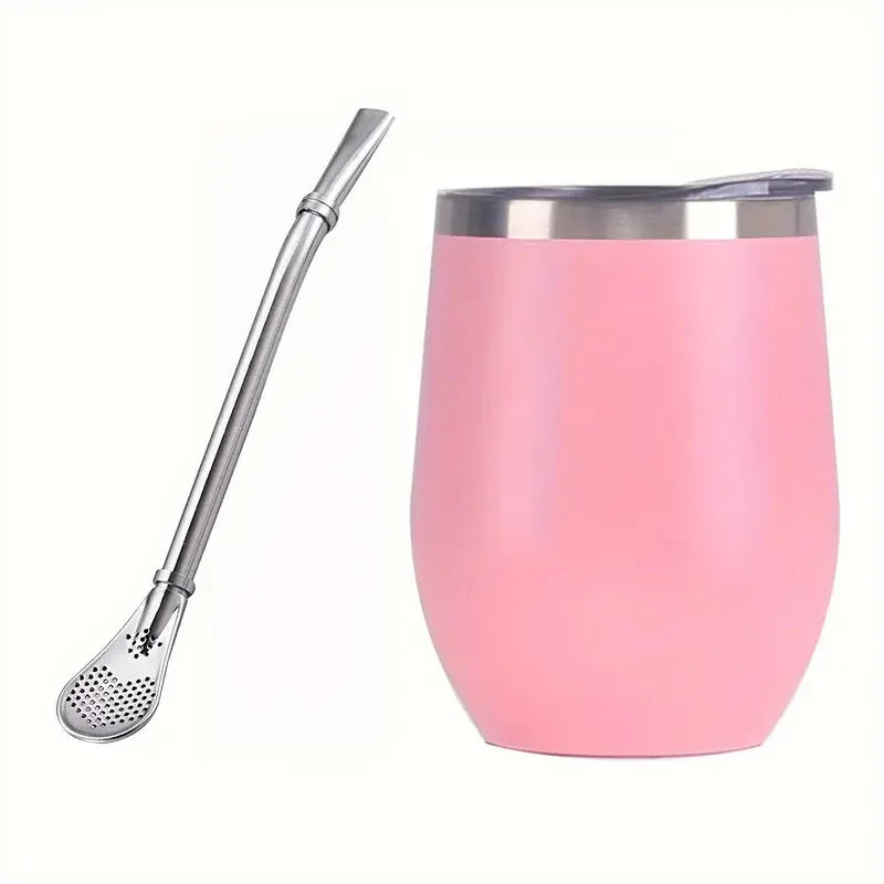 Juego de tazas para mate: vaso térmico de acero inoxidable con tapa y pajita, taza de mate de doble pared con cuchara para bebidas frías y calientes.