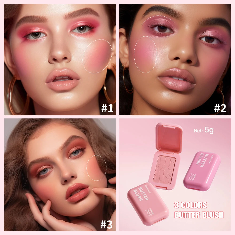 Colorete en polvo profesional de larga duración (12 horas), fórmula vegana. Colorete en polvo rosa crema de la paleta Bar Cosmetics.