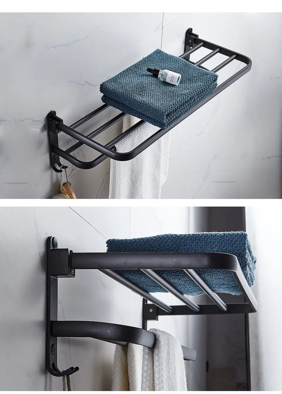 Toallero plegable de aluminio de 50 cm en negro mate con gancho para montaje en pared.