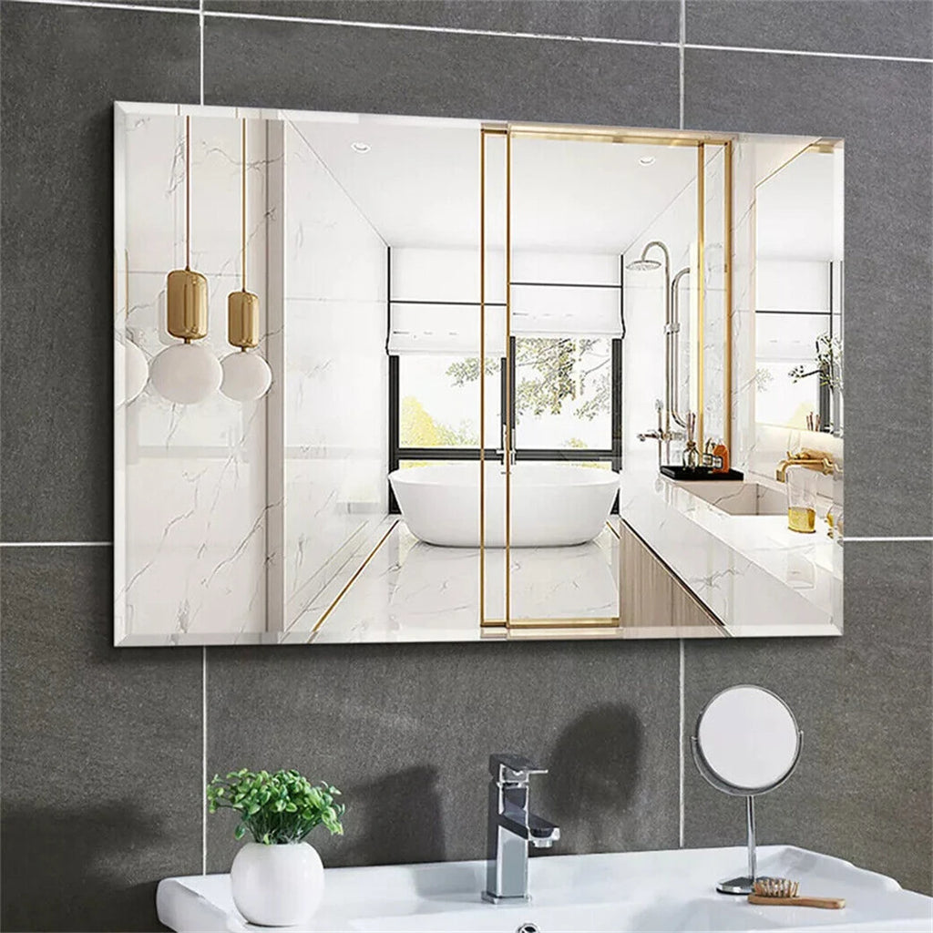 Espejo de pared rectangular sin marco, espejo de tocador, espejo de entrada decorativo con borde plateado biselado para baño, dormitorio, sala de estar y comedor.