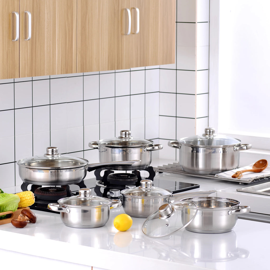 Juego de utensilios de cocina Velaze de 12 piezas, de acero inoxidable, apto para inducción, incluye cacerola, olla y cazuela con tapa de vidrio.