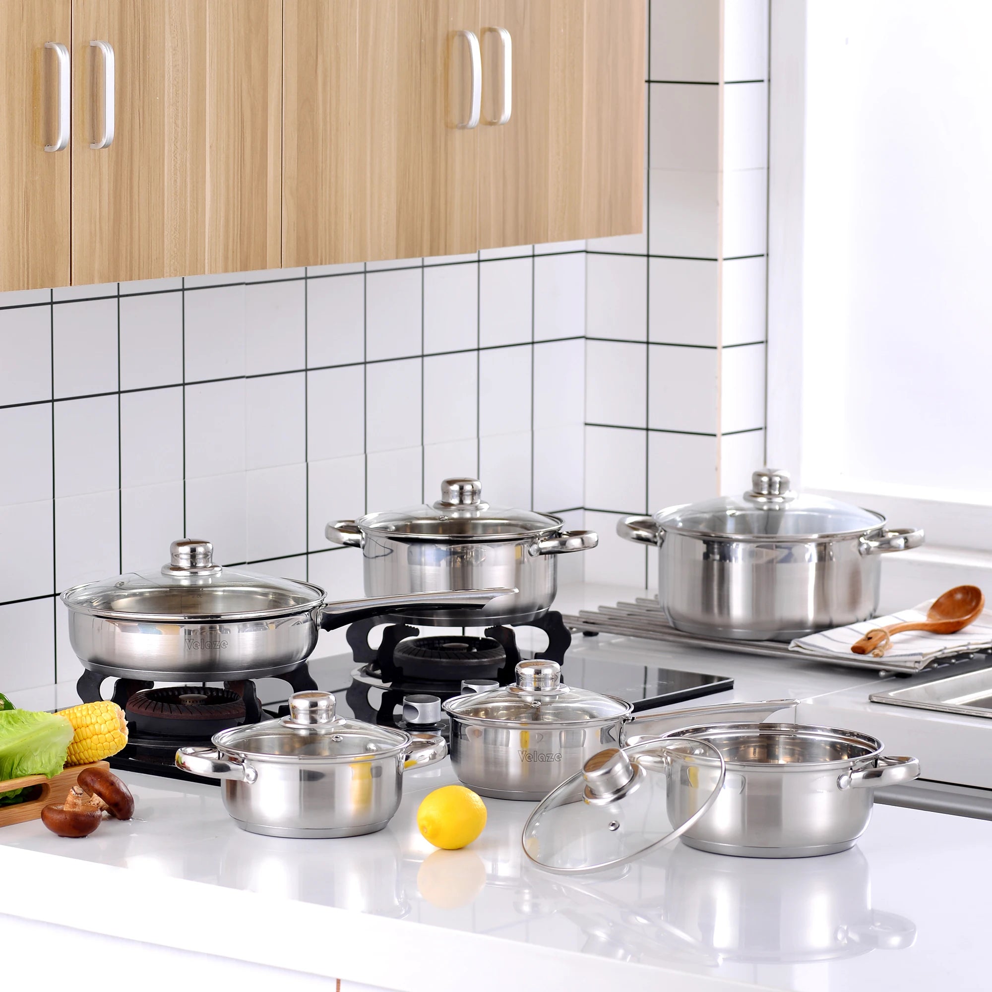 Juego de utensilios de cocina Velaze de 12 piezas, de acero inoxidable, apto para inducción, incluye cacerola, olla y cazuela con tapa de vidrio.