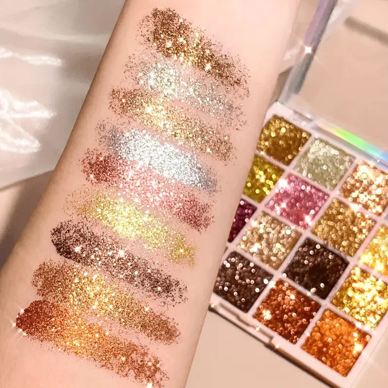 Paleta de sombras de ojos con brillo de 16 colores, efecto iridiscente multicolor dorado, acabado brillante con lentejuelas, maquillaje para cuerpo y rostro, ideal para fiestas y eventos.