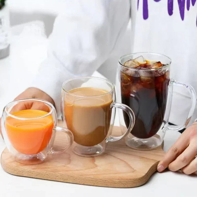 Taza de vidrio de borosilicato de doble pared transparente resistente al calor con asa, ideal para café, leche, zumo o agua. Regalo perfecto para amantes del café.