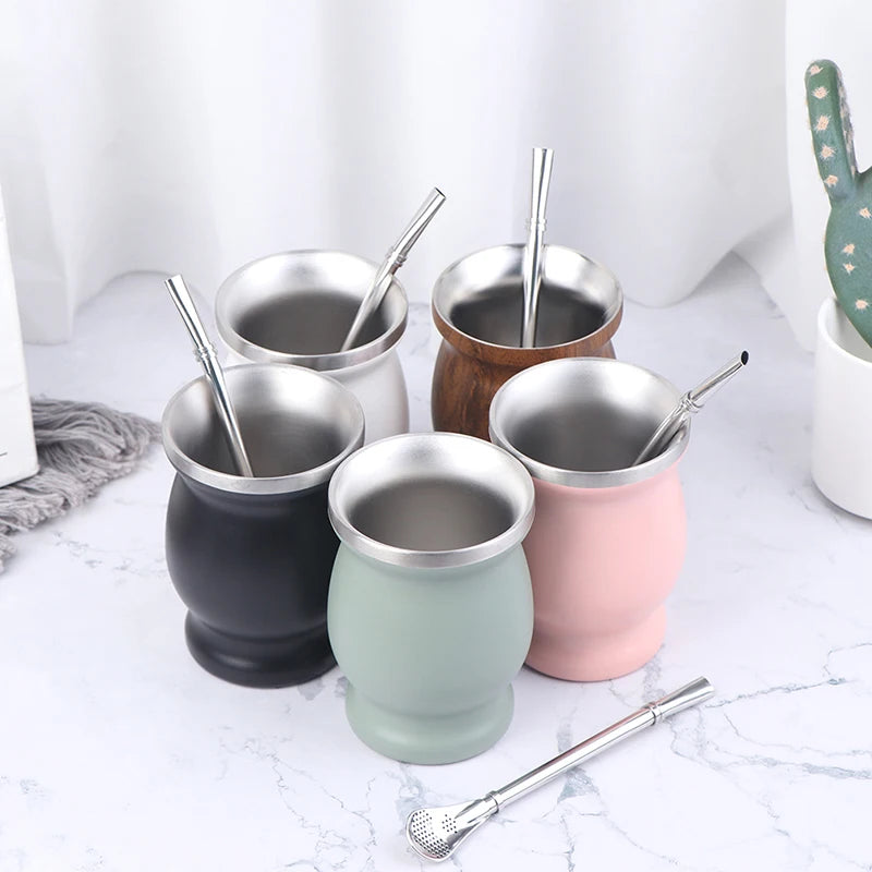Juego de bombillas de 8 oz, calabaza para yerba mate, taza doble de acero inoxidable con cuchara y cepillo, aislamiento térmico antiescaldaduras.