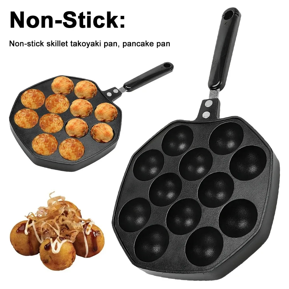 Sartén para takoyaki con 12 moldes, sartén antiadherente de aleación de aluminio para hacer takoyaki, ideal para preparar bolas de pulpo y panqueques.