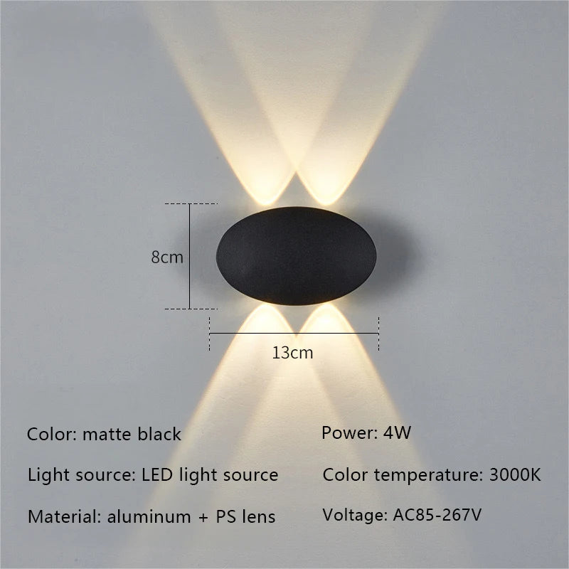 Lámpara de pared LED ovalada moderna y sencilla de 4 W para exteriores e interiores, resistente al agua IP65, luz cálida, voltaje de 85 V a 265 V.