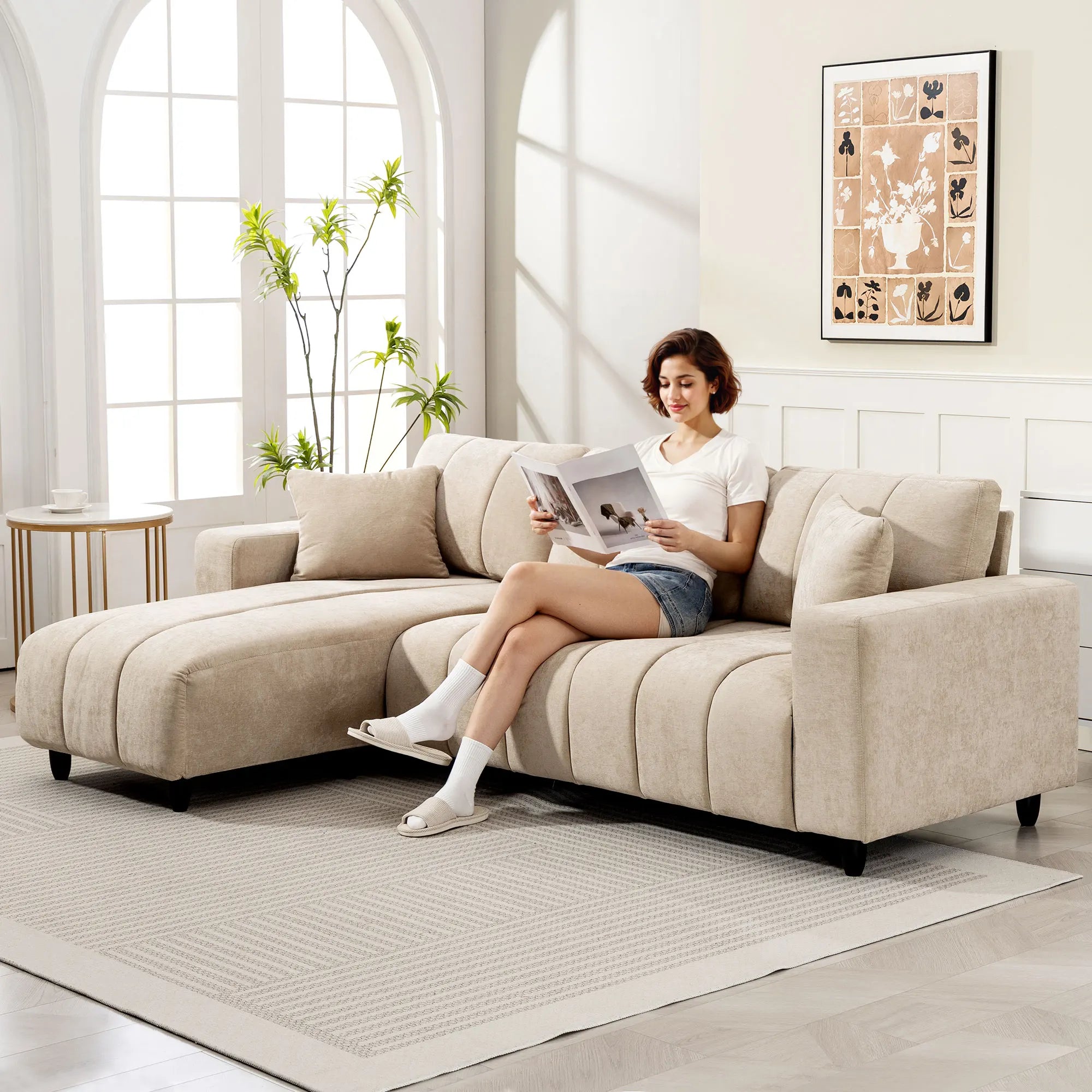 Sofá esquinero reversible Homcom con chaise longue, 3 plazas, 2 cojines, tapizado en lino, estructura de acero, para salón, 242 x 156 x 87 cm, color beige.