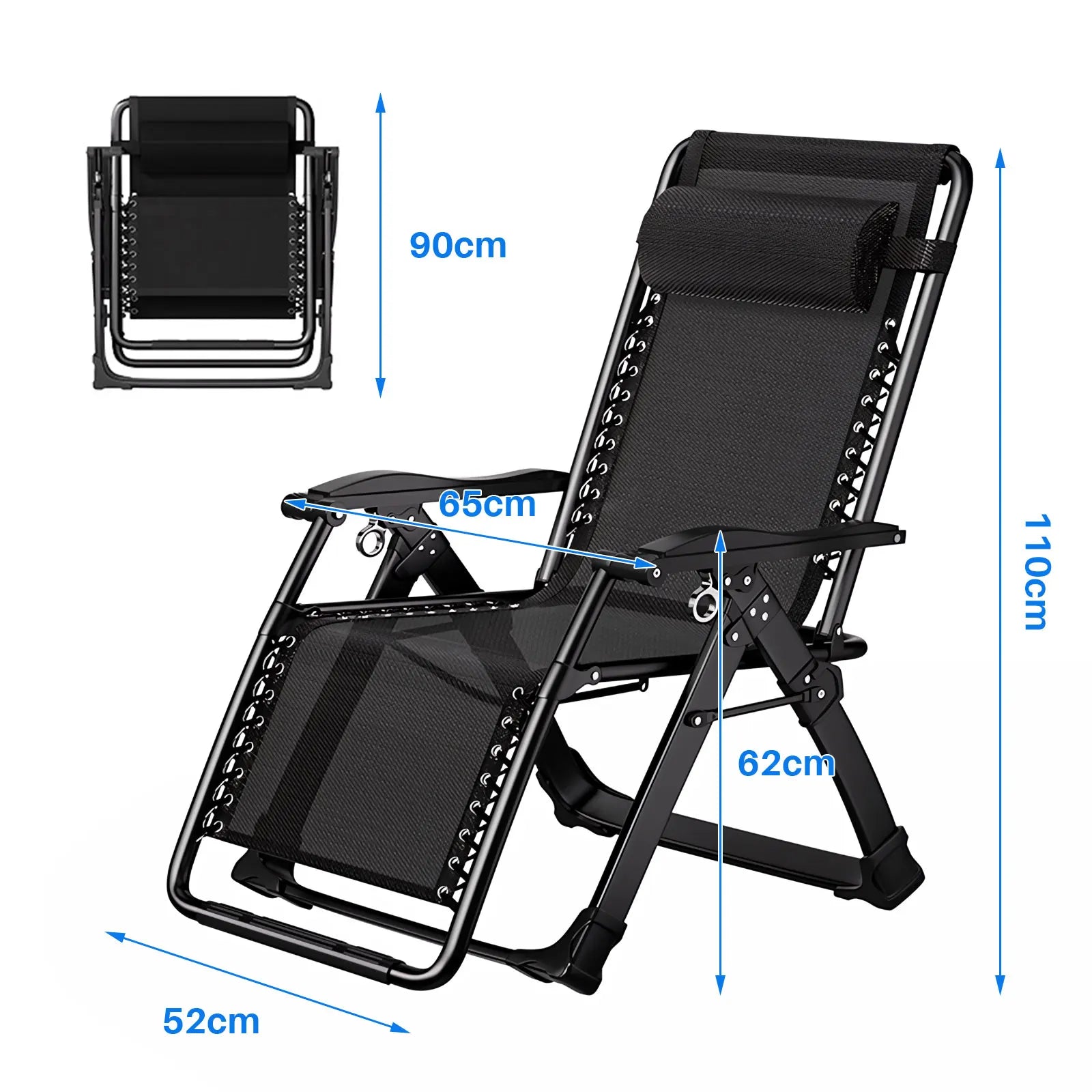 Tumbona plegable para jardín con portavasos y reposacabezas. Silla reclinable plegable para patio con soporte de 150 kg.