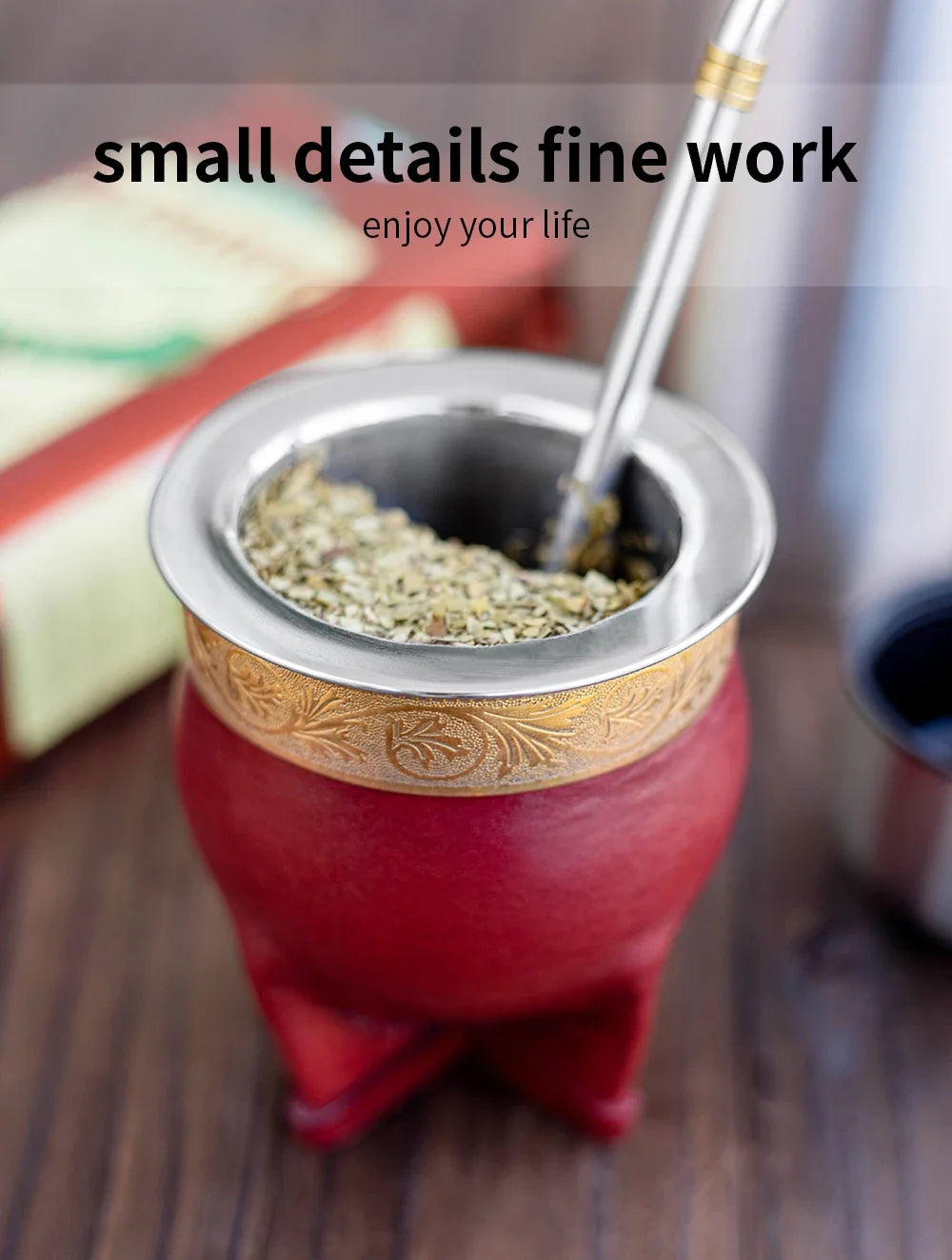 Juego de taza de té argentina de cuero hecho a mano y acero inoxidable 304 con bombilla (pajita) para yerba mate y cepillo de limpieza.