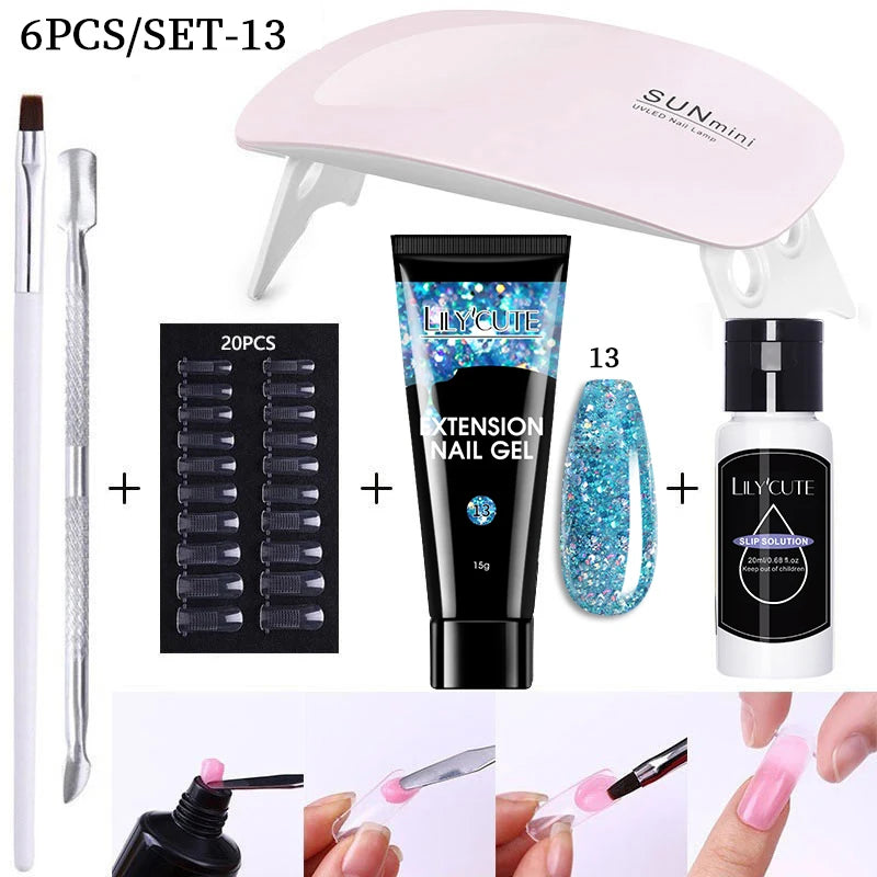 Kit de gel para extensión de uñas LILYCUTE de 15 ml, solución acrílica, esmalte en gel con lámpara para uñas para una rápida extensión, gel UV para uñas.