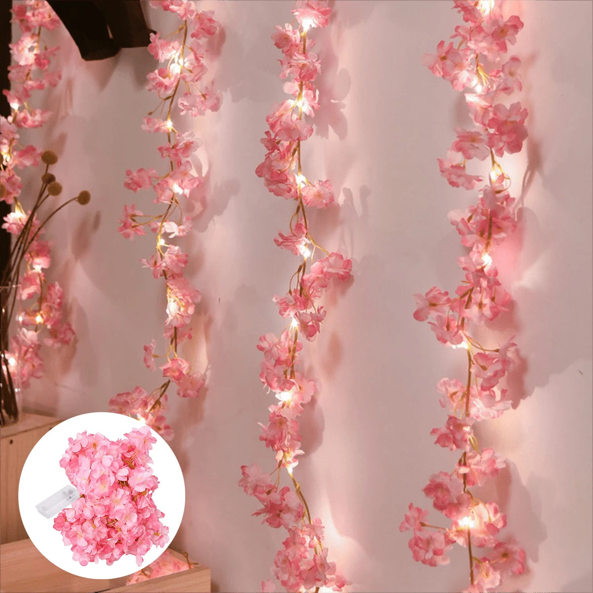Guirnalda de luces de flores de cerezo de 1/2/5 m, enredaderas de flores artificiales, luces de hadas para dormitorio, bodas, fiestas y decoración navideña.