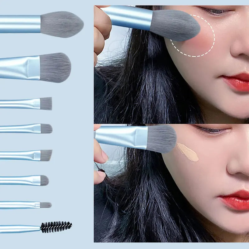 Set de 8 brochas de maquillaje, kit de viaje con neceser, mini brocha para sombras de ojos, base, polvos sueltos, colorete y brocha de precisión. Herramientas de belleza.
